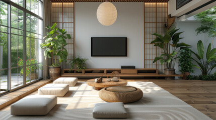 White color wall Background, minimal living room interior decor with a TV cabinet. plain light mock up. wooden furniture.