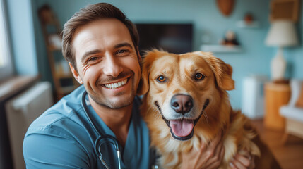 A smiling veterinarian in scrubs while embracing a happy dog.