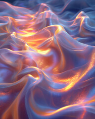 Obraz premium Metallic 3D abstract silk cloth 3D futuristic cyberpunk hyper realism detailed isolated colorful reflective holographic flow silk gold iridescence glowing background.