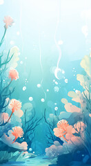 Serene underwater scene featuring sea plants and bubbles on the surface of the ocean.