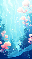 A serene scene depicting sea plants and bubbles gracefully adorning the surface of the ocean, creating a peaceful underwater ambiance.