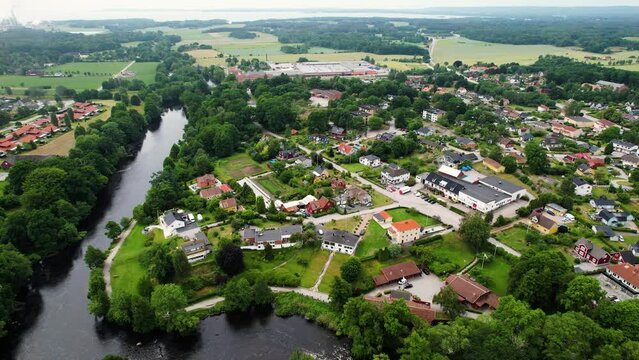 Salmon fishing destnation Laxens hus by the morrum river in lush Blekinge, Sweden, Aerial