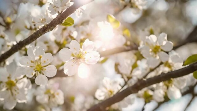  The radiant sun illuminates the delicate white flowers adorning the branches, creating a picturesque scene of the spring season. The blossoming tree serves as a natural backdrop.