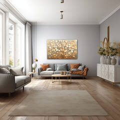 Stylish and minimalist interior design in calm beige and gray tones with gray furniture and gold paintings, wooden floors.