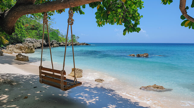 Tropical beach background in the form of a summer relaxing landscape with a beach swing, white sand and calm sea for a beach template. Amazing concept for beach holiday and summer vacation.