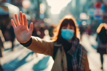 Young woman wearing medical face mask showing gesture Stop - keep social distance while coronavirus epidemic. - obrazy, fototapety, plakaty
