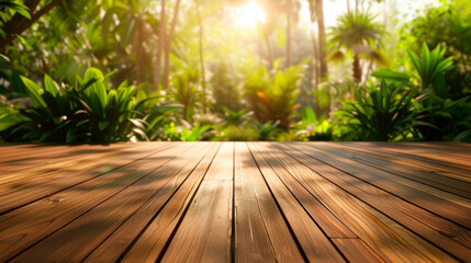 Empty wooden terrace with tropical trees garden background.