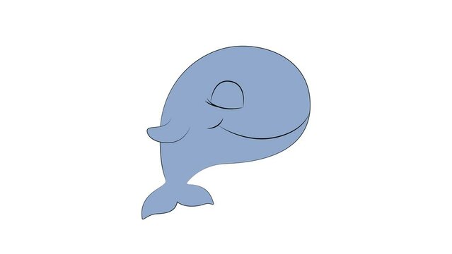 Hand drawn cute cartoon whale. Outline and coloring animation on white background.
