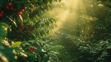 Tranquil Morning at Coffee Plantation: Ripe Red Cherries and Morning Sunlight - obrazy, fototapety, plakaty
