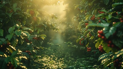 Tranquil Morning at Coffee Plantation: Ripe Red Cherries and Morning Sunlight - obrazy, fototapety, plakaty