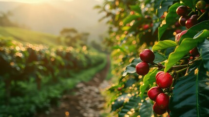 Tranquil Morning at Coffee Plantation: Ripe Red Cherries and Morning Sunlight