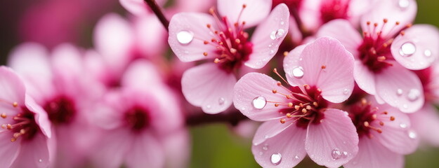 Fototapeta premium Panoramic view of delicate cherry blossoms with water droplets