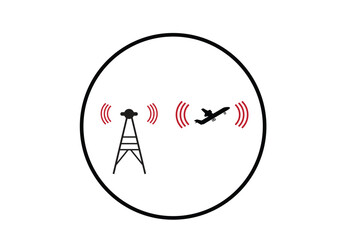 Airplane and Tower signal exchange. Editable Clip Art.