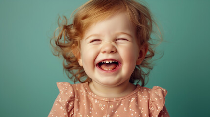 A toddler with curly hair is laughing heartily against a teal background.