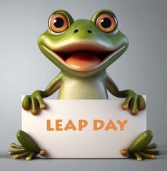 Cute frog holding banner with text. Leap day, one extra day - leap year 29 February  - 734824512
