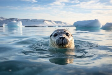 Beautiful image of a cute little white seal, pusa, in its natural habitat in the arctic ocean