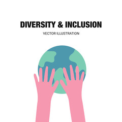 Belonging and inclusion concept as a symbol of acceptance and integration with diversity and support of different cultures as diverse races and unity symbol holding planet in the hand. Vector.