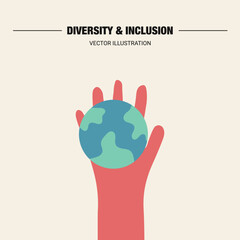 Belonging and inclusion concept as a symbol of acceptance and integration with diversity and support of different cultures as diverse races and unity symbol holding planet in the hand. Vector.