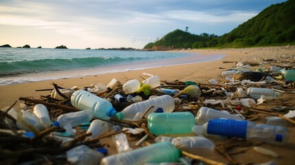 Stark depiction of plastic bottle pollution on a beach at sunset, a call to environmental action, fitting for conservation efforts, with clear space for text.