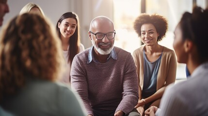 This warm, inviting image captures a diverse group of individuals engaged in a thoughtful group discussion, highlighting themes of community, diversity, and communication.