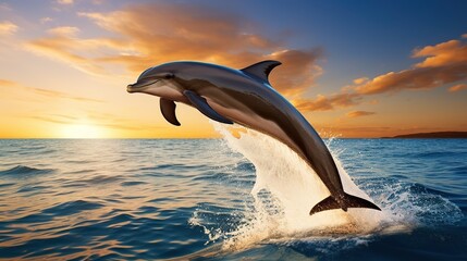 A majestic dolphin leaps from the ocean at sunset, embodying the grace of marine life in a tranquil seascape, ideal for nature and wildlife themes.