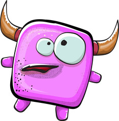 Vector cartoon funny pink monster with horn isolated on white background. Smiling silly pink monster print sticker design template. Ghost, troll, gremlin, goblin, devil and monster