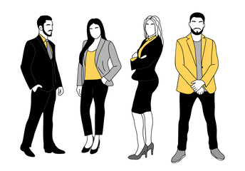 Multinational Business team members standing. Set of different men and women characters. Modern vector simple outline stylized illustrations, graphic, web design. Isolated on transparent background.