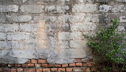 Old brick wall and old gray cement wall with cracked color with tree up some space