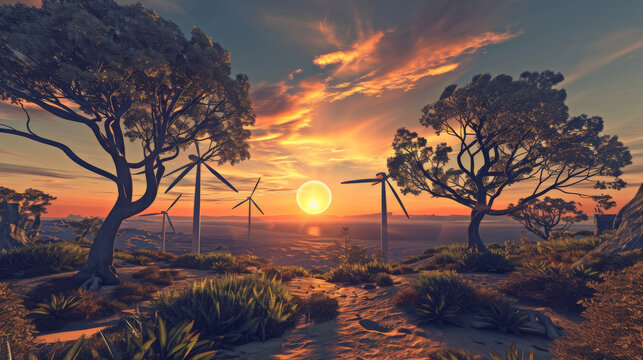  windmills in a vast grassy field at sunset, Wind turbines are alternative electricity sources, the concept of sustainable resources,