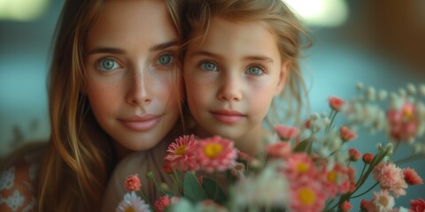Naklejka premium Happy mother's day. Adorable sweet young mother with cute little daughter. Banner