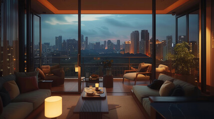 an apartment living area with a balcony overlooking the city, - obrazy, fototapety, plakaty