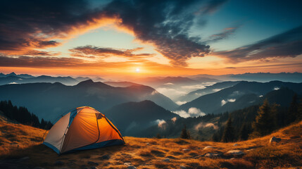 Camping tent high in the mountains. tourist tent camping in mountains at sunset - obrazy, fototapety, plakaty