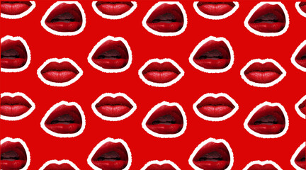 Halftone lips with elements of punk, a kiss, a smile, a tongue, an open mouth. Biased kisses. Pattern with lips and cut paper. Seamless pattern.