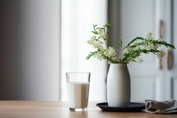 a glass of plant-based milk with a vase of spring flowers. healthy lifestyle and eating vegan in minimal kitchen with copy space. 