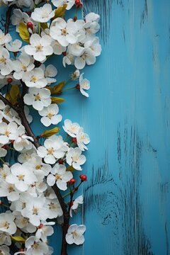 an autumn image made with white cherry blossoms on a blue wood background.