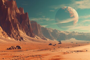 mars the red planet - landscape with desert and mountains. Generative AI - obrazy, fototapety, plakaty
