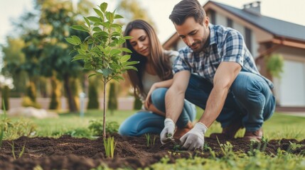A young beautiful couple plants a tree in their garden