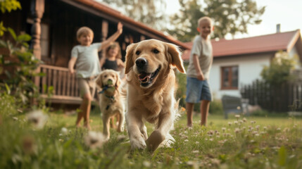 Family Playtime with Golden Retriever