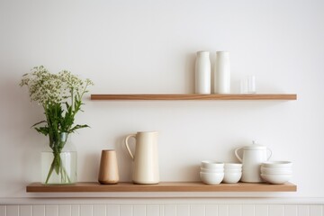 Fototapeta na wymiar minimal tableware on shelves at scandinavian style kitchen with morning light with white green spring flowers in vase