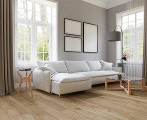 Mockup frame, poster in home living room design, element mockup interior, 3d rendering..