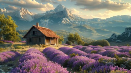 A real rustic hut in the middle of a blooming lavender field in Provence