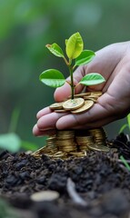 Showing financial developments and business growth with a growing tree on a coin. Growing Money - Plant On Coins - Finance And Investment Concept