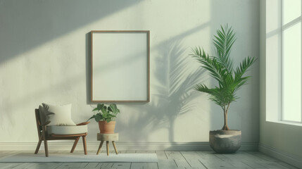 modern  room interior with wood furniture, green walls and a photo frame