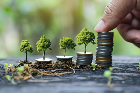 Showing financial developments and business growth with a growing tree on a coin. Growing Money - Plant On Coins - Finance And Investment Concept