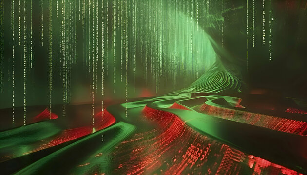Green and red neon data flowing and binary codes.Technology background.