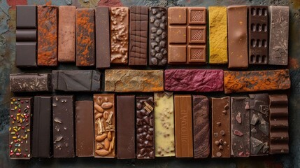 Top view of a pile of chocolate bars, assorted varieties, stacked neatly, rich brown hues - obrazy, fototapety, plakaty