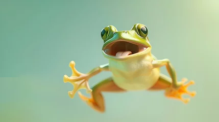 Deurstickers Green exotic frog jumping on a pastel gradient background with copy space. February 29th leap year day concept © Tetiana