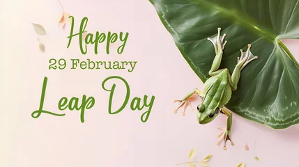 Foto op Plexiglas A green frog jumps on a pastel spring background with the text "Happy Leap Day". Top View. February 29th leap year day concept © Tetiana
