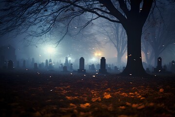 Foggy Graveyard Bokeh: Misty atmosphere in a graveyard. - obrazy, fototapety, plakaty