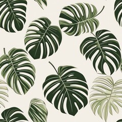 seamless pattern with green tropical monstera or palm tree leaves on white background. Hawaiian shirt, summer t-shirt, fabric and textile print.
